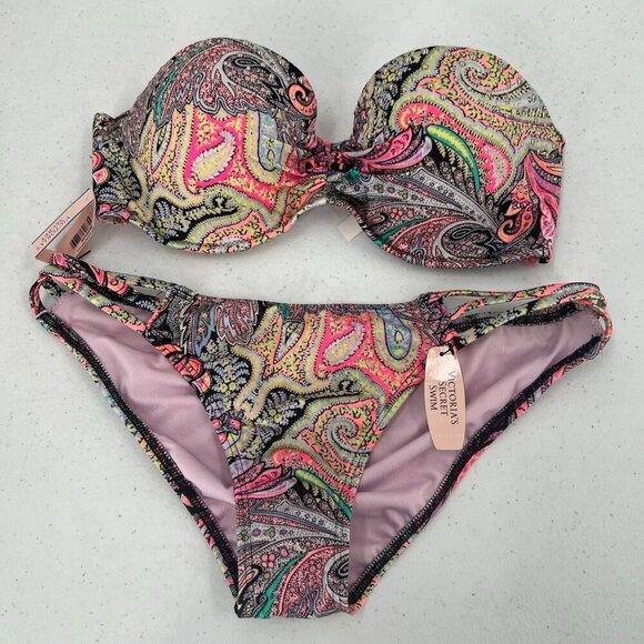 NWT VS 32D/S Paisley Bikini Set Bandeau Strappy Cheeky Swimsuit Multi-Color - Picture 2 of 16